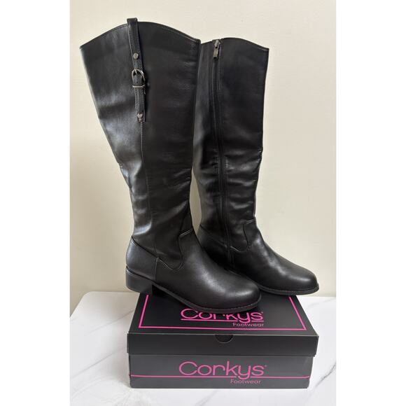 Corkys Hay There Black Tall Riding Boots Women’s Size 9 Side Zip Buckle Strap - Picture 1 of 6
